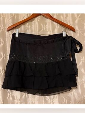 Vintage Y2K Forever 21 Black Silk Ruffled Sequin Mini Skirt Tie Waist